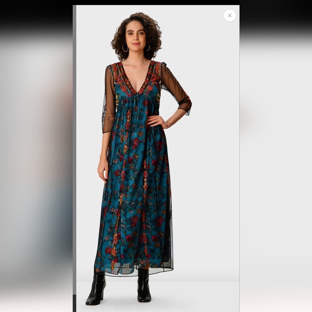 Eshakti Embellished Tulle Floral Print Georgette Empire Dress Size S - Picture 15 of 16